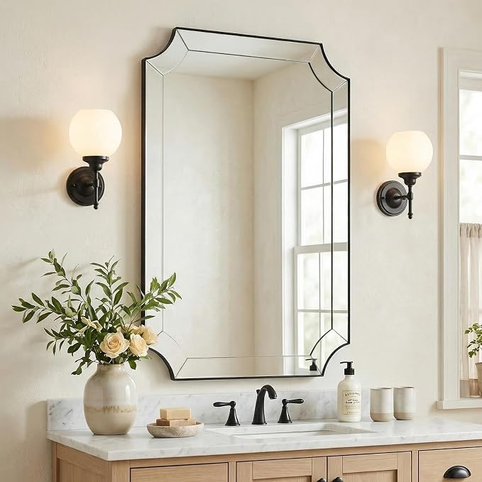 Black Mirror 24x40 Inch, Scalloped Mirror for Bathroom, Unique Rectangular Bathroom Mirror in Premium Stainless Steel Metal Frame 1" Deep, Decorative Mirror for Bathroom, Entryway, Mantel