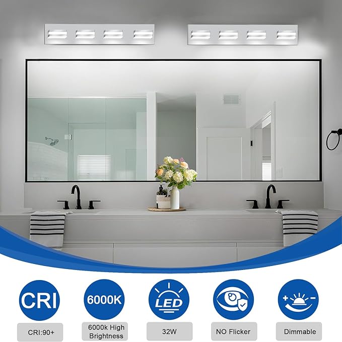 IZORRO LED Modern Bathroom Lights Fixtures(4-Light,Dimmable),Chrome Acrylic Wall Lighting,Vanity Lights for Bathroom Over Mirror - 6000k 24In （No Assembly Required）