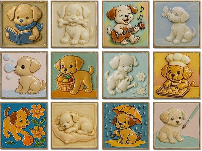 Easy Peel Stick wall Tile Stickers 6x6in Stick on backsplash Tiles,12Pcs | removable 3D tile for kitchen RV bathroom laundry backsplash decor,Ultra-high-definition printed puppy pattern