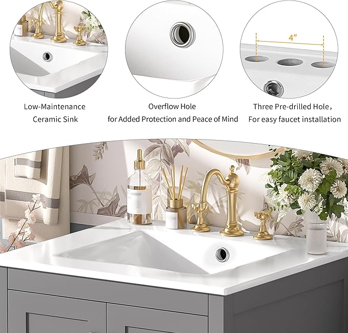 Favfurish 48" Bathroom Vanity with Ceramic Double Sink, Undermount Double Basin Vanity Set w/2 Divided Drawers and 4 Double-Layer Soft Close Doors & Built-in Shelf, Freestanding Storage Cabinet,Gray