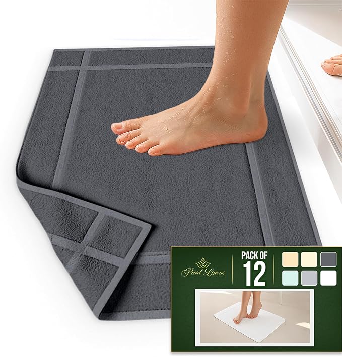 Pearl Linens 100% Ring Spun Cotton Bath Mat (Pack of 12) 20 x 30 Inch, Washable, Soft & Absorbent Terry Bathroom Floor Mat – Not Bathroom Rugs – Quick-Dry After Shower Bath Mat, 687 GSM, Dark Grey