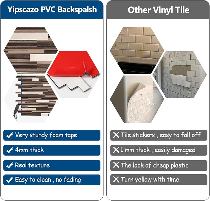 Yipscazo 1 Sheet Peel and Stick Stone Metal Tile Backsplash, Stick on Tiles for Backsplash Kitchen, Bathroom, Laundry Room, Camper, Fireplace (12'' X 12'', Brown Wood)
