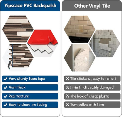 Yipscazo 10 Sheets Peel and Stick Stone Metal Tile Backsplash, Stick on Tiles for Backsplash Kitchen, Bathroom, Laundry Room, Camper, Fireplace (12'' X 12'', Brown Wood)