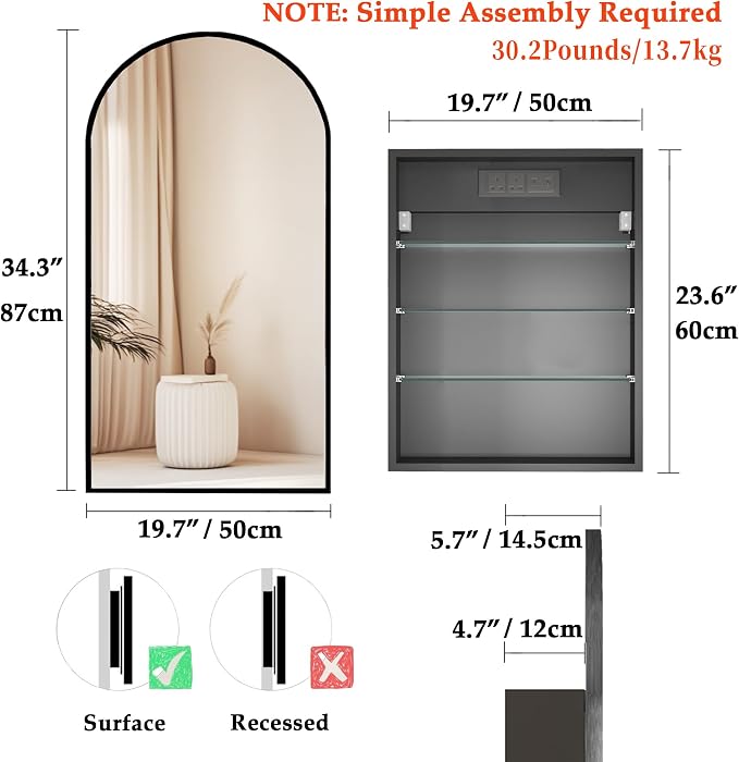 FKWin Medicine Cabinet Mirror with Power Outlet, Surface Mount, 20x34 Inch | Built-in Power Outlet, Adjustable Bathroom Storage, Reversible Left or Right Door, Surface Mount Design