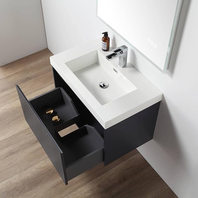 Blossom 30 Inch Bathroom Vanity with Sink | All Wood Wall Mounted Floating Bathroom Vanity Cabinet with Acrylic Sink, Soft-Close Drawer, Modern Minimalist Design Vanities (Night Blue Finish)