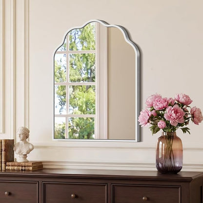 Scalloped Arched Mirror, 18×24Inch Silver Mirror for Bathroom, Wavy Wall Mounted Vanity Mirror with Aluminum Alloy Frame for Livingroom Bedroom and Entryway, Tempered Glass