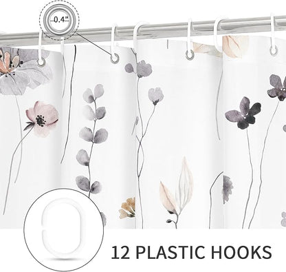 Charcoal Grey Watercolor Floral Fabric Shower Curtain, 72x72 | Waterproof Fabric, Modern Minimalist Floral Print, Machine Washable, Rustproof Grommets, Fade Resistant, for Bath Home RV