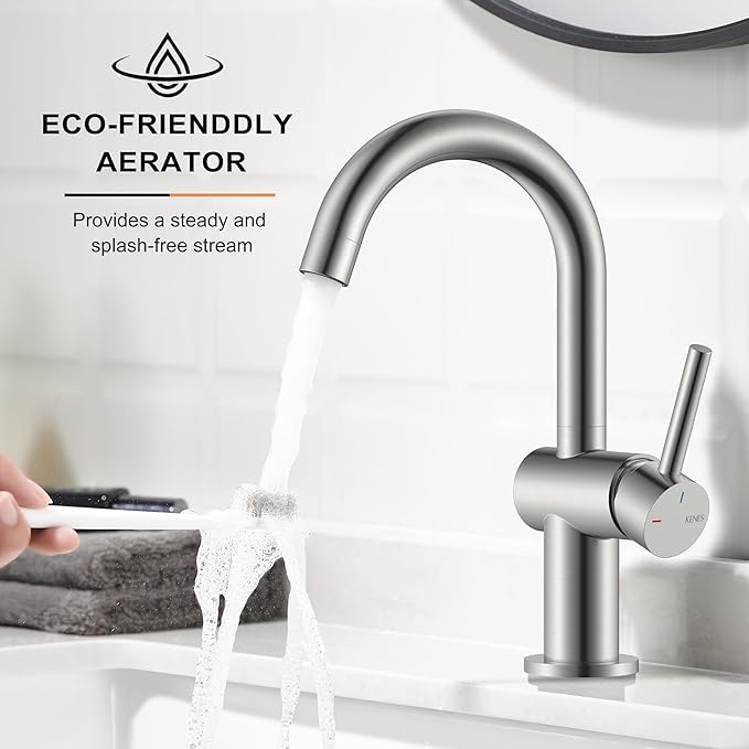 Brushed Nickel Bathroom Faucet Single Handle, 1 Hole Vanity Faucet | Bathroom Sink Faucet with Pop Up Drain & 6 Inch Deck Plate, Lead-Free cUPC & NSF Certified, 1 Handle Faucet for Vanity RV Bar
