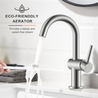 Brushed Nickel Bathroom Faucet Single Handle, 1 Hole Vanity Faucet | Bathroom Sink Faucet with Pop Up Drain & 6 Inch Deck Plate, Lead-Free cUPC & NSF Certified, 1 Handle Faucet for Vanity RV Bar