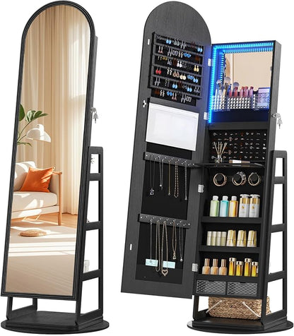 HWB Arched LED Jewelry Cabinet with Full-Length Mirror & Storage Shelves