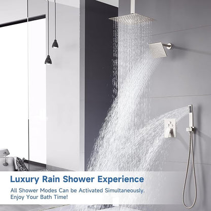 Dual Rainfall Shower Head System, Push Button Shower Faucet Set with 12" Ceiling Mount Rain shower head and 6" Wall Mount Shower Head, Pressure Balance Rough-in Valve (Brushed Nickel)