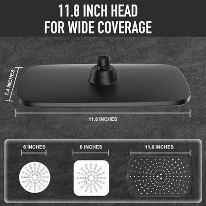 Veken 11.8“ Rain Shower Head with Handheld,Dual High Pressure Shower Heads | 5-mode Hand Held Spray with Hose,Wide Detachable Rainfall,Dual Showerhead Combo,Bathroom Accessories,Easy Install,Decor,Black