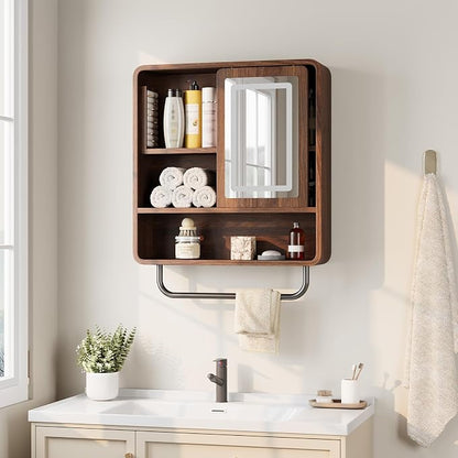 Modern Bathroom Wall Cabinet, Medicine Cabinets with Mirror, Over The Toilet Storage Cabinet for Bathroom, Towel Bar, Sliding Door, 3 Lighting Modes, Adjustable Brightness, Dark Walnut