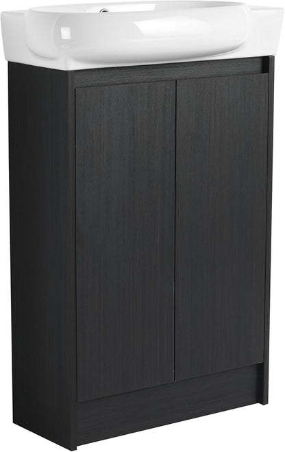 Malwee 23 Inch Freestanding Bathroom Vanity with Sink, 23'' Floor Stand Single Sink Bathroom Vanity Combo, Modern Black Cabinet Set with 2 Doors and Ceramics Basin Top, Ajustable Shelf.MA02923BCT