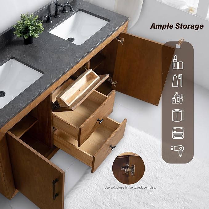Vanity Art 60 inch Bathroom Vanity with Double Sink, Modern Wood Bath Vanity with Black Carrara Marble Top, Vanity Cabinet with Doors， Removable Shelf, Solid Wood Frame, Tan, VA7060DB