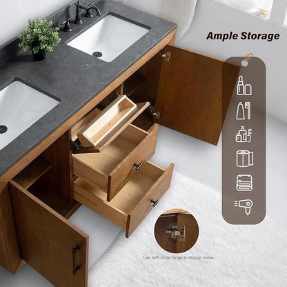 Vanity Art 60 inch Bathroom Vanity with Double Sink, Modern Wood Bath Vanity with Black Carrara Marble Top, Vanity Cabinet with Doors， Removable Shelf, Solid Wood Frame, Tan, VA7060DB