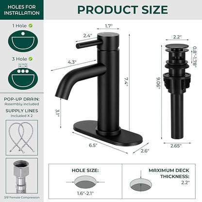 Matte Black Bathroom Faucets, Modern Bathroom Sink Faucet Single Handle Bathroom Faucet for 1 or 3 Hole, Mixer Tap Vanity Faucet with Deck Plate, Pop-up Drain and Supply Hoses