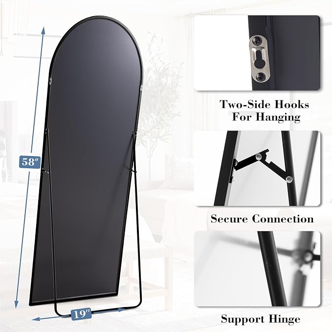 NEWBULIG Arched Full Length Floor Mirror 58"x19", Body Standing Mirror | Wall Hanging or Leaning, Shatter-Proof Glass, Aluminum Alloy Frame with Stand, Home Decor Bedroom, Black