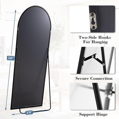NEWBULIG Arched Full Length Floor Mirror 58"x19", Body Standing Mirror | Wall Hanging or Leaning, Shatter-Proof Glass, Aluminum Alloy Frame with Stand, Home Decor Bedroom, Black