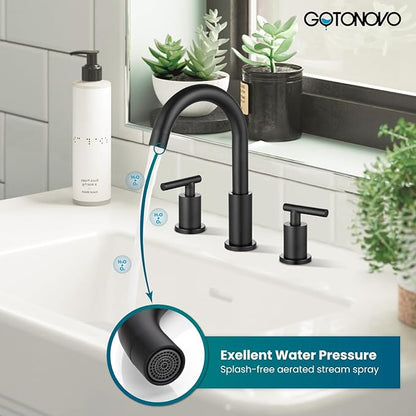 gotonovo 3 Hole 2 Handles Lavatory Basin Bathroom Sink Faucet with Pop Up Drain with Hot and Cold Mixer Valves 8 Inch Widespread Bathroom Faucet Matte Black