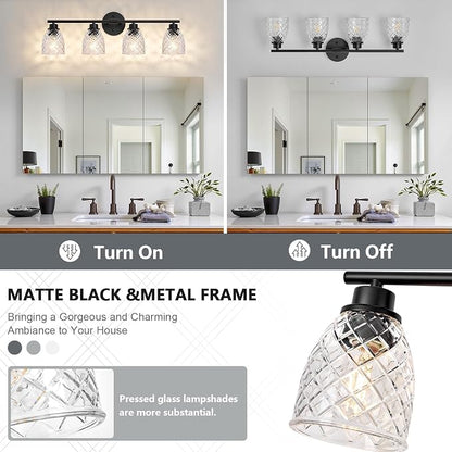 4-Light Vanity Light Over Mirror, Black Bathroom Light Fixtures | Modern Farmhouse Wall Sconces with Hammered Glass Lampshade for Kitchen Hallway Bedroom Living Room Cabinet Porch-27.5IN