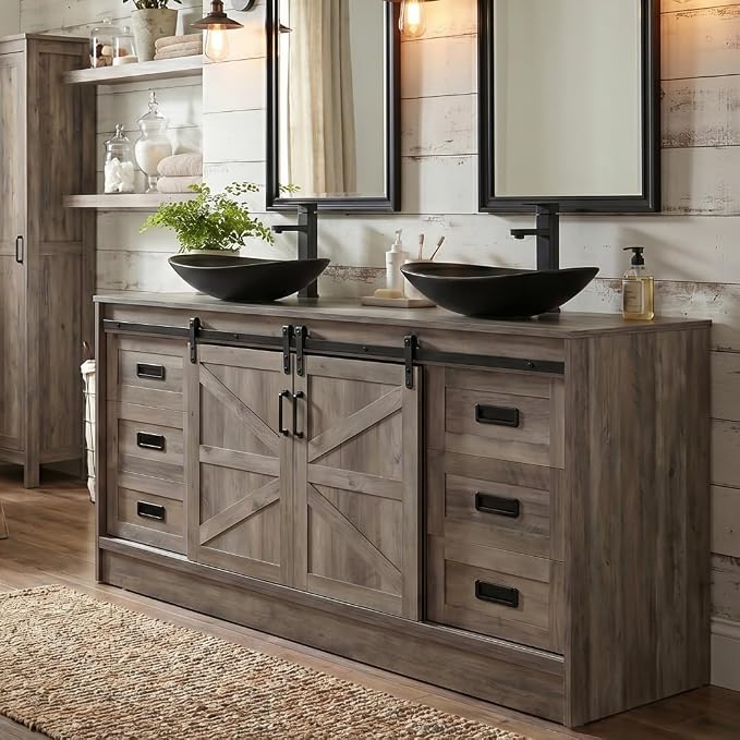 60" Barn Door Bathroom Vanity with 6 Drawers and Two Doors, Farmhouse Style Standing Pedestal Cabinet with Two Black Ceramic Boat Sink