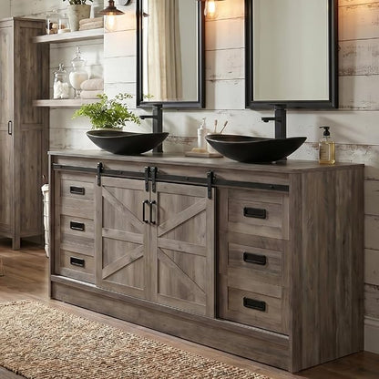 60" Barn Door Bathroom Vanity with 6 Drawers and Two Doors, Farmhouse Style Standing Pedestal Cabinet with Two Black Ceramic Boat Sink