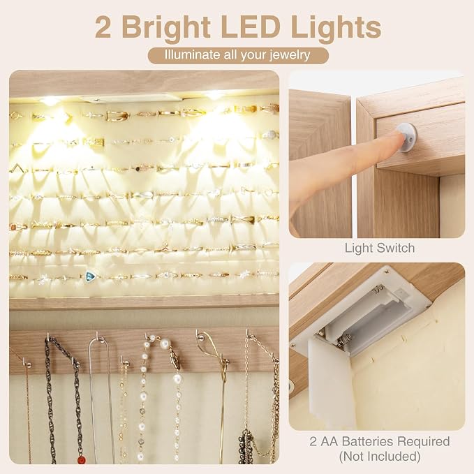 LDAILY Moccha Wall Door Jewelry Armoire, 47.5" H Full Length Mirrored Jewelry Cabinet with 2 LED Lights and 2 Drawers, Lockable Jewelry Cabinet, Jewelry Organizer Storage for Bedroom (Light Oak)