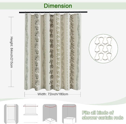 ORTIGIA Linen Striped Shower Curtain 72x84 Inch Extra Long with Metal Hooks,Sage Green Leaf Botanical Waterproof Natural Linen Bath Curtain for Rustic Farmhouse Bathroom Decor