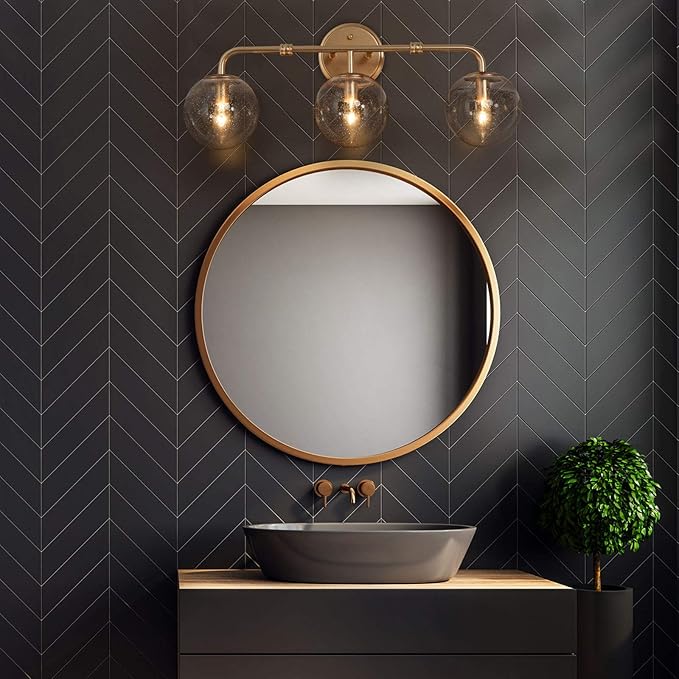 Bathroom Light Fixtures, 3-Light Gold Bathroom Vanity Light with Seeded Glass Shade, Bathroom Lighting Fixtures Over Mirror, L24.5'' x W7.5'' x H10''