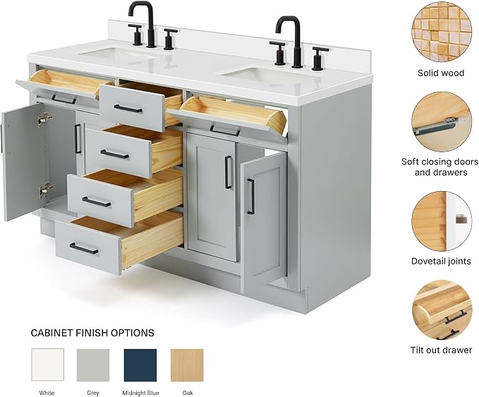 ARIEL Hepburn 60-inch Bathroom Vanity with Sink,Solid Wood, 1.5-inch Pure White Quartz Countertop & Backsplash, Double Rectangular Porcelain Sink, 4 Soft Closing Doors, 6 Dovetail Drawers, Grey
