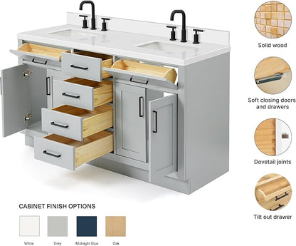 ARIEL Hepburn 60-inch Bathroom Vanity with Sink,Solid Wood, 1.5-inch Pure White Quartz Countertop & Backsplash, Double Rectangular Porcelain Sink, 4 Soft Closing Doors, 6 Dovetail Drawers, Grey