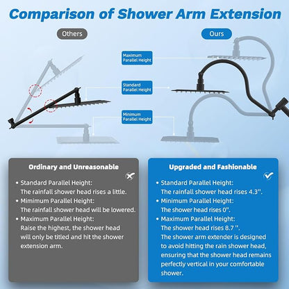 Hibbent High Pressue All Metal 12" Rainfall Shower Head, Handheld 10-Spray | cUPC Certified Matte Black Dual Showerhead Combo, 4-way Diverter with Pause Mode, Brass Extension Arm, 71'' Hose & Holder