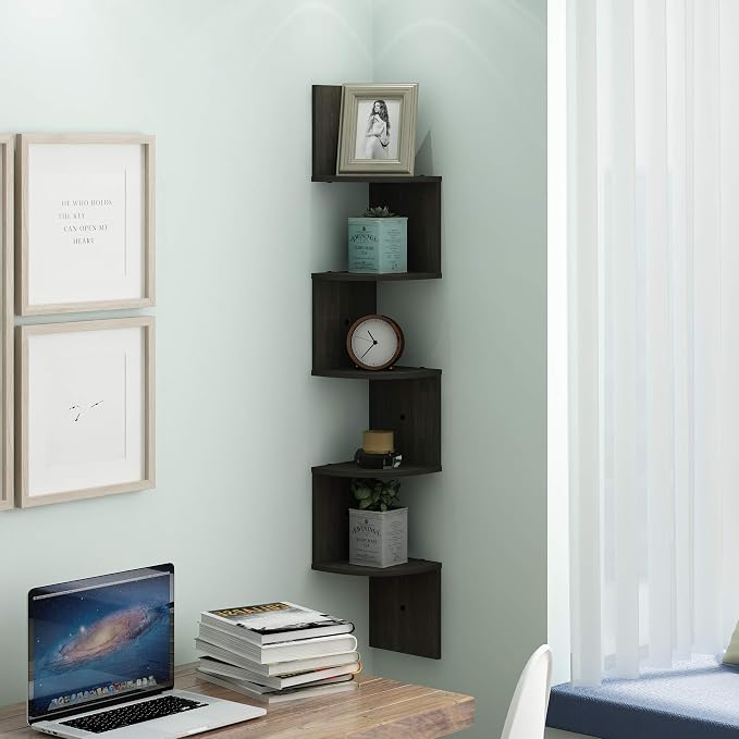 Furinno ROSSI Floating Book Shelves for Wall, 5-Tier Zigzag Corner Shelf Wall Mounted, Radial Corner Floating Shelf, for Living Room, Bedroom, Bathroom, Home Office, Espresso