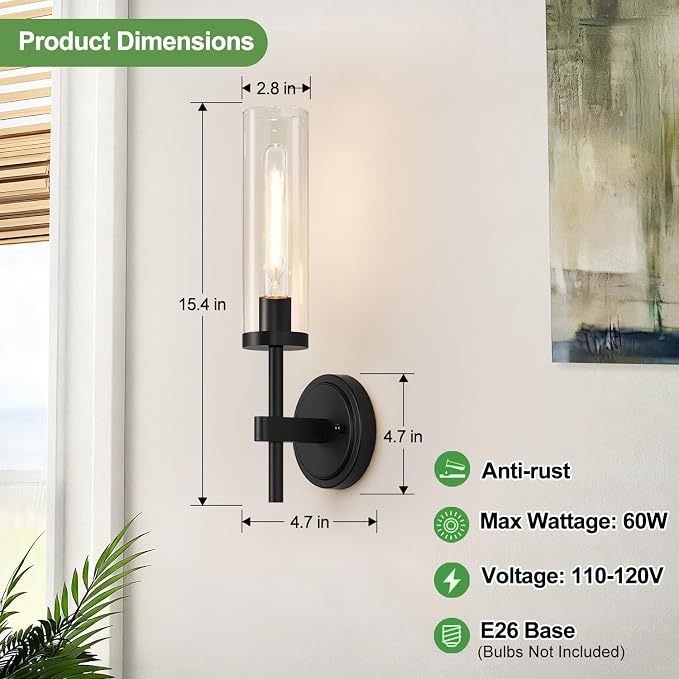 MOKATNG Hardwired Wall Sconces, Matte Black Bathroom Sconces with Clear Glass, Modern Wall Light Fixtures for Bathroom Mirror Vanity, Living Room, Bedroom, Hallway, Stairway, Cabinet, Foyer