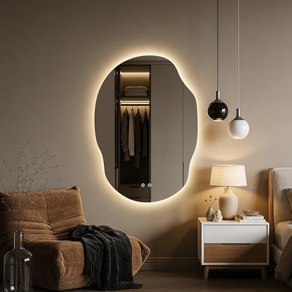 Backlit LED Bathroom Vanity Mirror with Lights, Irregular Asymmetrical Design,45" H x 32" W, Anti-Fog, Dimmable 3 Color Lighting, Memory, Hardwired Mount, Supports Horizontal & Vertical