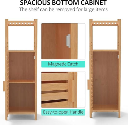 67" Tall Bathroom Cabinet，Linen Tower Cabinet with Single Door and 3 Tier Shelves，Bamboo Freestanding Cabinets Storage Organizer for Living Room, Bedroom, Kitchen