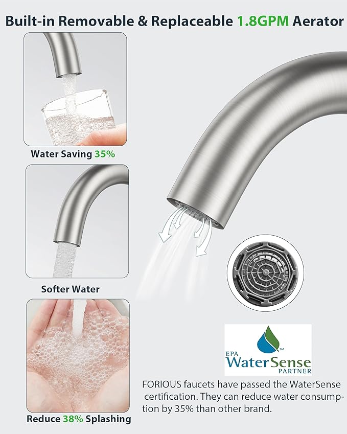 FORIOUS Single Handle Bathroom Sink Faucet 1 or 3 Hole Brushed Nickle, 360° Swivel Gooseneck Spout, Lead-Free, with cUPC Hose and Metal Pop Up Drain, Suitable for Bar Kitchen RV Vanity
