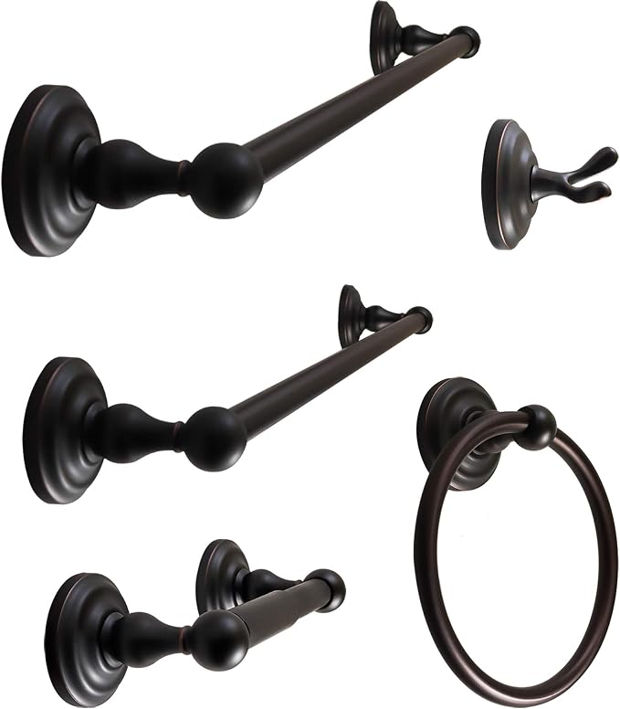 SENTO ROBIKI Bathroom Accessories Set, Bath Hardware, Includes Robe Hook, Toilet Paper Holder, Towel Ring, 18” & 24” Towel Bar, Duty Metal Bath Hardware Set Wall Mounted (5-Piece, Oil-Rubbed Bronze)