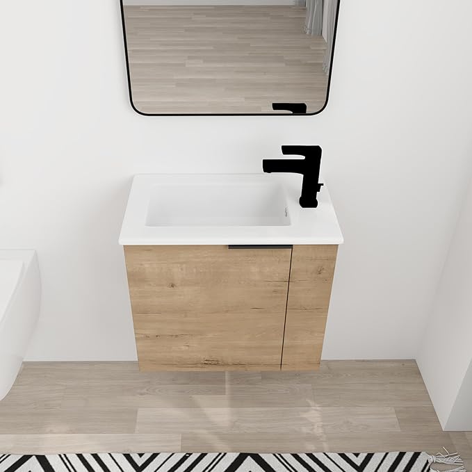 22" Bathroom Vanity with Sink, Floating Wall-Mounted Modern Vanity Cabinet for Small Space, 1 Door Brown Bathroom Sink Combo, Space Saving Vanity, Small Bathroom Vanities