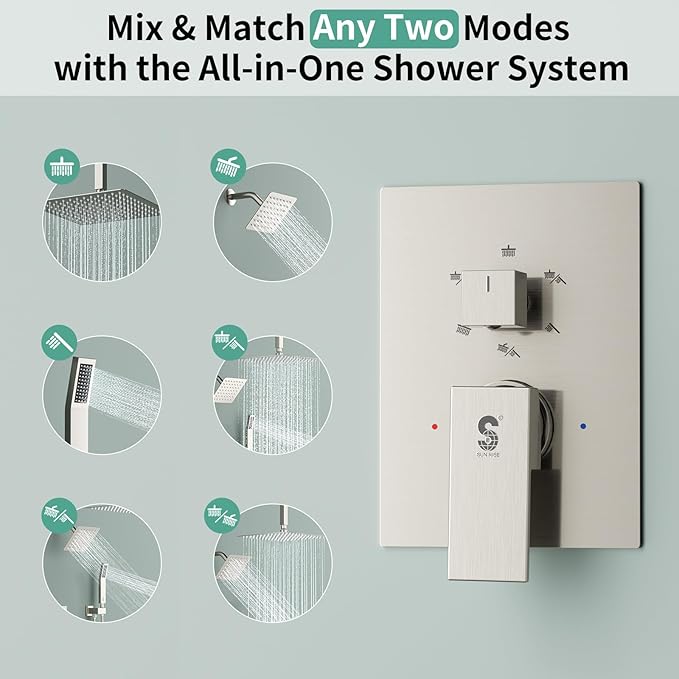 Shower Faucet Set Shower System - SR SUN RISE Brushed Nickel Shower Trim Kit with Dual Shower Head, 12'' Ceiling Rainfall 6'' Wall Mount with Handheld Shower for Couples, Complete 6 Diverter Valve