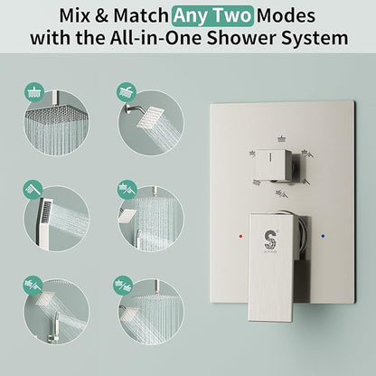 Shower Faucet Set Shower System - SR SUN RISE Brushed Nickel Shower Trim Kit with Dual Shower Head, 12'' Ceiling Rainfall 6'' Wall Mount with Handheld Shower for Couples, Complete 6 Diverter Valve