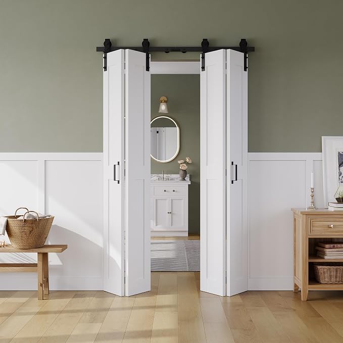 SMARTSTANDARD Bifold Barn Door 48" x 84", MDF Bi-Fold Sliding Closet Doors | Hardware Kit Included, Pre-Finished Easy Assembly, Water-Proof PVC Surface & Save Space, H-Frame, 56" Track for 4 Doors