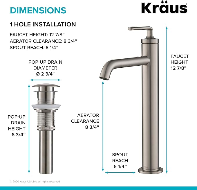 KRAUS Ramus Single Handle Vessel Sink Bathroom Faucet with Pop-Up Drain in Spot Free Stainless Steel, KVF-1220SFS-2PK