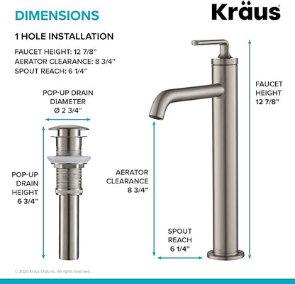 KRAUS Ramus Single Handle Vessel Sink Bathroom Faucet with Pop-Up Drain in Spot Free Stainless Steel, KVF-1220SFS-2PK