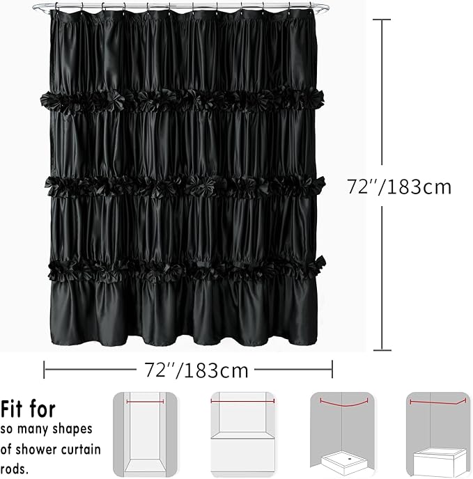 Homechoice Decor Black Handcrafted Bow Tie Shower Curtain 72" W x 72" H | Vintage Ruffle Bath Curtain for Master Bathroom, Ruched Satin Bathroom Curtain with 12 Buttonholes (LQ-10)