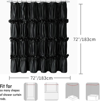 Homechoice Decor Black Handcrafted Bow Tie Shower Curtain 72" W x 72" H | Vintage Ruffle Bath Curtain for Master Bathroom, Ruched Satin Bathroom Curtain with 12 Buttonholes (LQ-10)