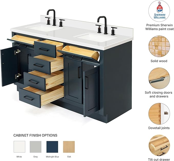 DKB Isabella 60" Midnight Blue Double Bathroom Vanity with Sink, 1.5" Pure White Quartz Countertop, Rectangular Undermount Sinks, 4 Soft Closing Doors, 6 Dovetail Drawers