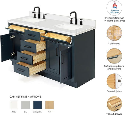 DKB Isabella 60" Midnight Blue Double Bathroom Vanity with Sink, 1.5" Pure White Quartz Countertop, Rectangular Undermount Sinks, 4 Soft Closing Doors, 6 Dovetail Drawers