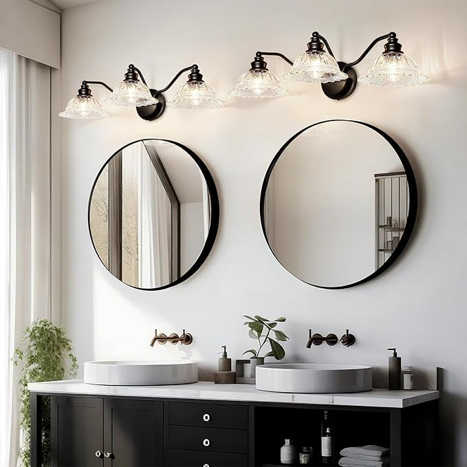 Redluck Vintage Bathroom Vanity Light Fixture, 3-Light Bathroom Lighting Fixtures Over Mirror, Matte Black Finish with Crystal Glass Shade, Wall Sconces Lighting for Bedroom, Living Room, Hallway